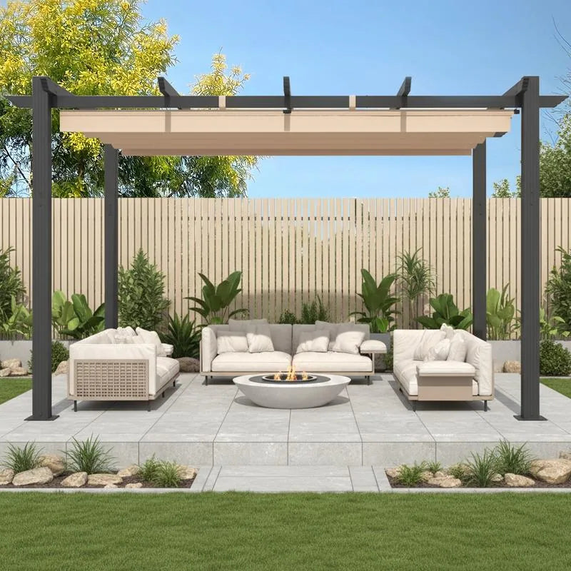 10' X 13' Outdoor Pergola with Retractable Canopy, Heavy-Duty Metal Frame and Adjustable Patio Shade Roof