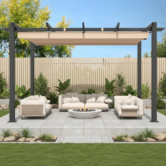 10' X 13' Outdoor Pergola with Retractable Canopy, Heavy-Duty Metal Frame and Adjustable Patio Shade Roof