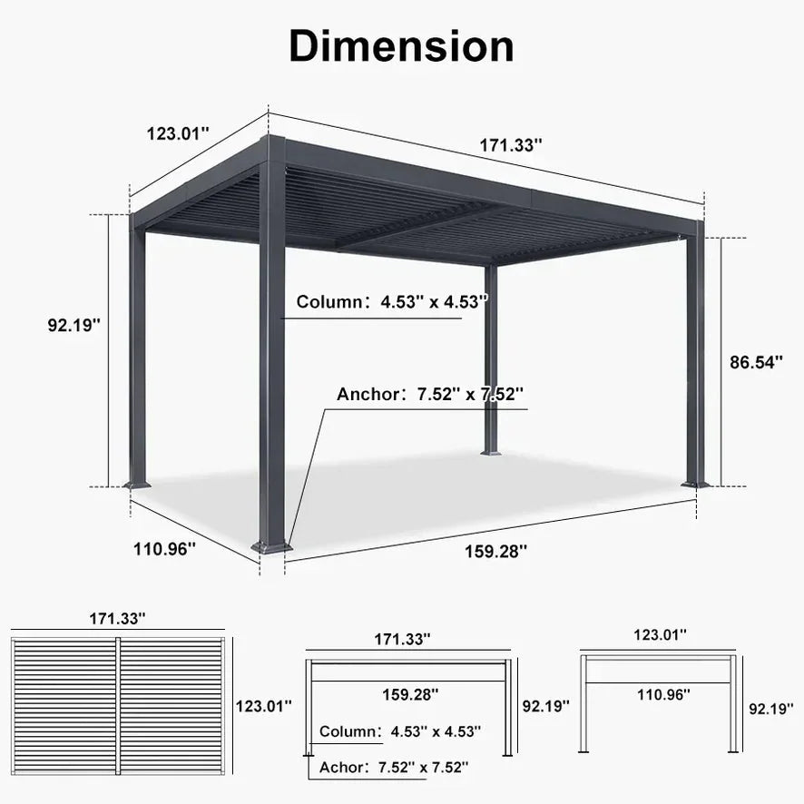 Solar Louvered Pergola with LED String Lights Aluminum Outdoor Pergola with Adjustable Roof for Patio Garden