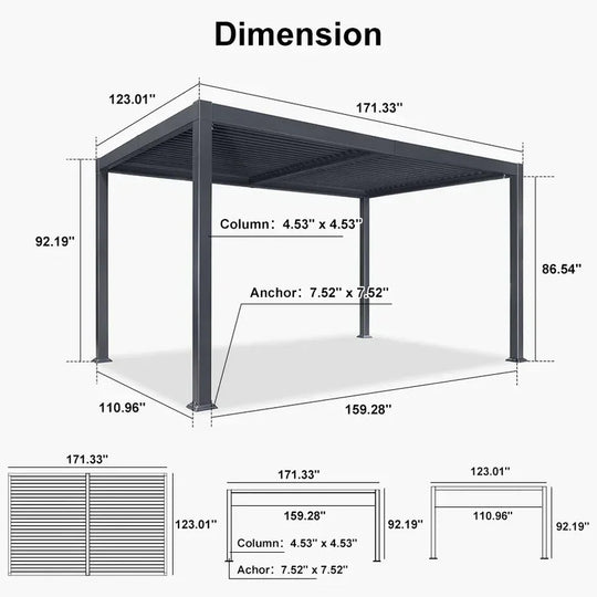 Solar Louvered Pergola with LED String Lights Aluminum Outdoor Pergola with Adjustable Roof for Patio Garden