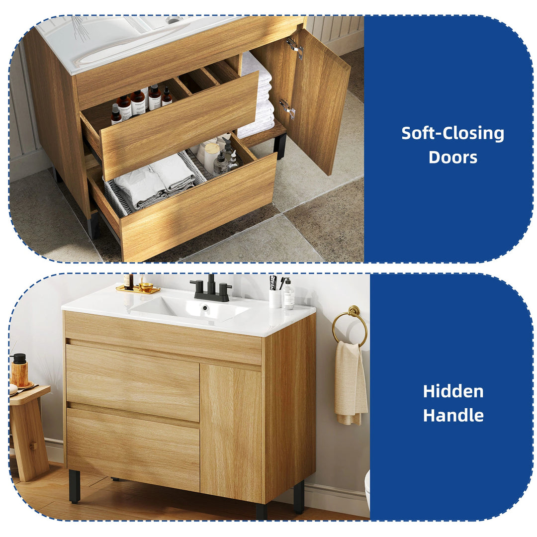 37" Freestanding Single Bathroom Vanity with 1 Soft Closing Cabinet & 2 Drawers
