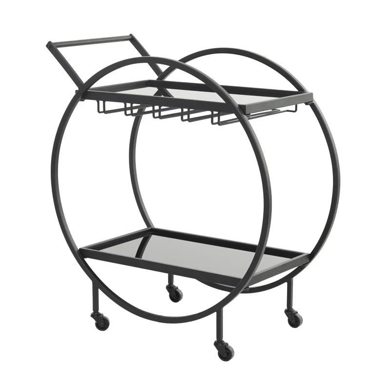 Metal Rolling 2 Mirrored Shelves Bar Cart with Wine Glass Storage and Handle