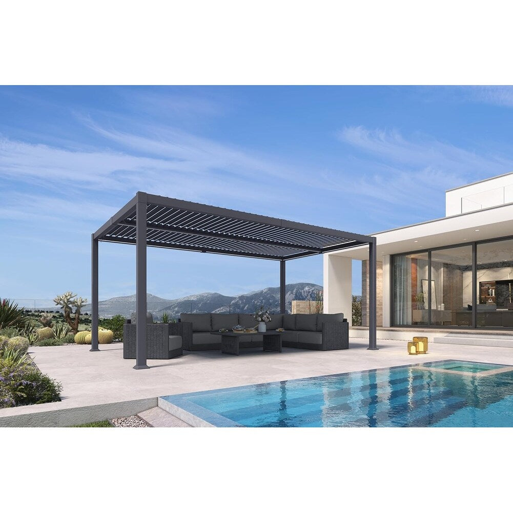 Solar Louvered Pergola with LED String Lights Aluminum Outdoor Pergola with Adjustable Roof for Patio Garden