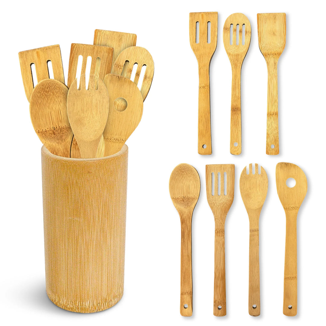 8-Piece Bamboo Wooden Cooking Utensils Set with Holder