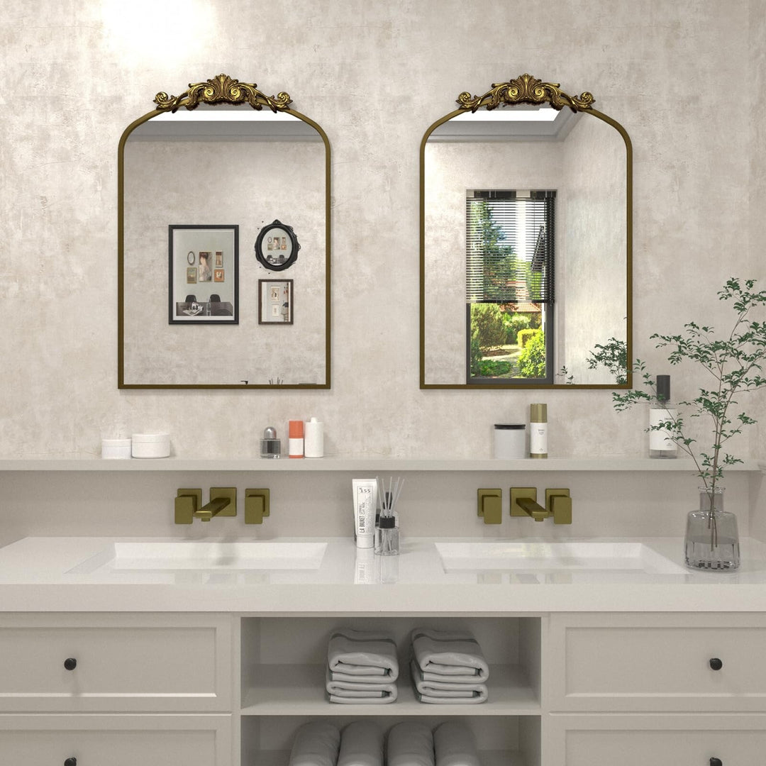 Arched Vintage Wall Mirror and Metal Frame Baroque Style Bathroom Vanity Mirror