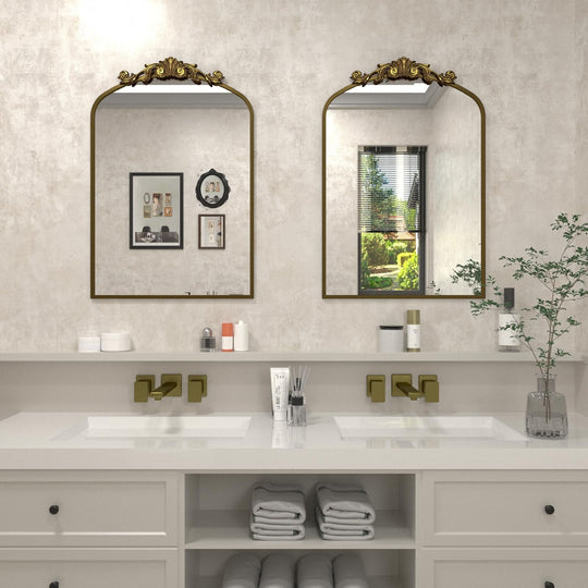 Arched Vintage Wall Mirror and Metal Frame Baroque Style Bathroom Vanity Mirror