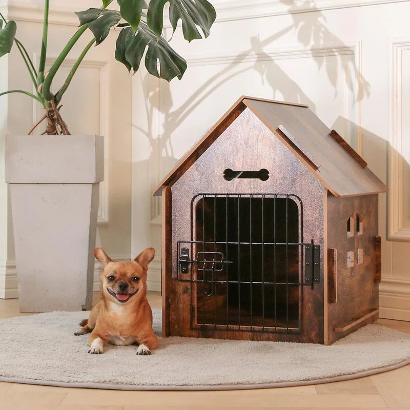 Byrn Wooden Pet House Indoor W/ Roof Dog House W/ Removable Mat and Lockable Door for Small Dog Cat
