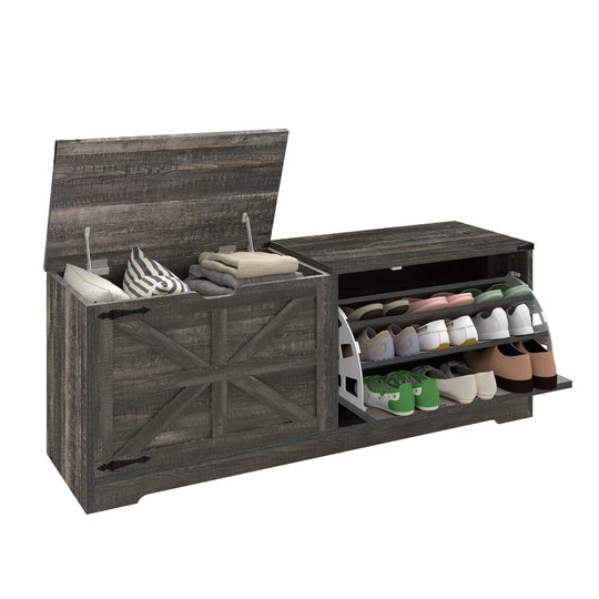 Farmhouse Shoe Storage Bench and Shoe Cabinet with Flip Drawer & Flip-Top Storage