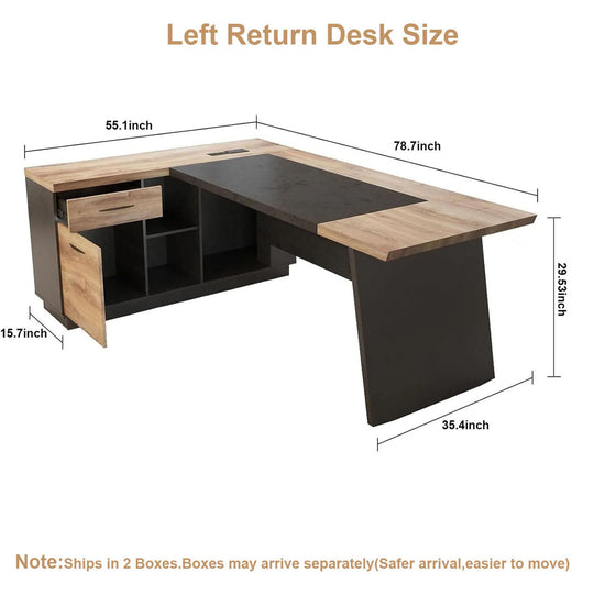 78.74 Inches L-Shape Executive Desk, Industrial Wood Desk with Cabinet Drawer Storage Shelves