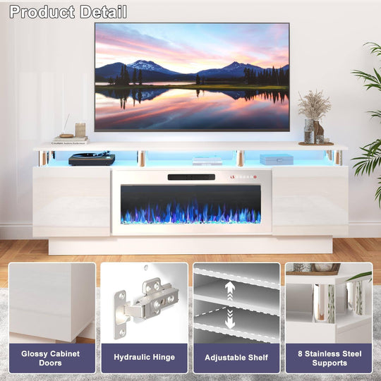 70" Modern Electric Fireplace TV Stand, with Electronic Flame and LED Lights, High Gloss Finish Entertainment Center
