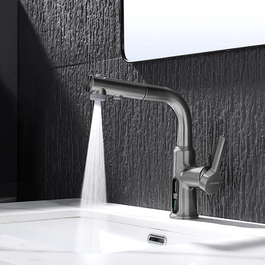 Single Hole Liftable Bathroom Faucet with Temperature Display in Fahrenheit, 3 Water Modes, BF2501