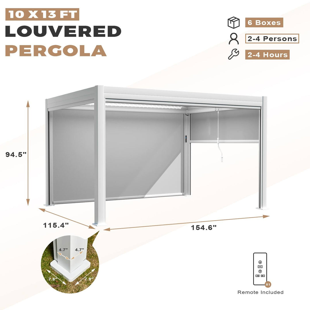 Outdoor Louvered Pergola Gazebo with Adjustable Aluminum Rainproof Roof and Pull-Down Screen
