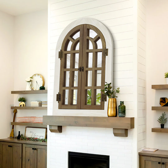 Vintage Wood Windowpane Arched Wall Mirror