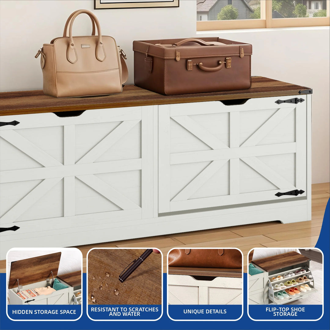 Farmhouse Shoe Storage Bench and Shoe Cabinet with Flip Drawer & Flip-Top Storage