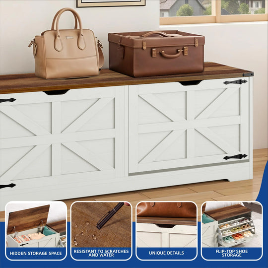 Farmhouse Shoe Storage Bench and Shoe Cabinet with Flip Drawer & Flip-Top Storage