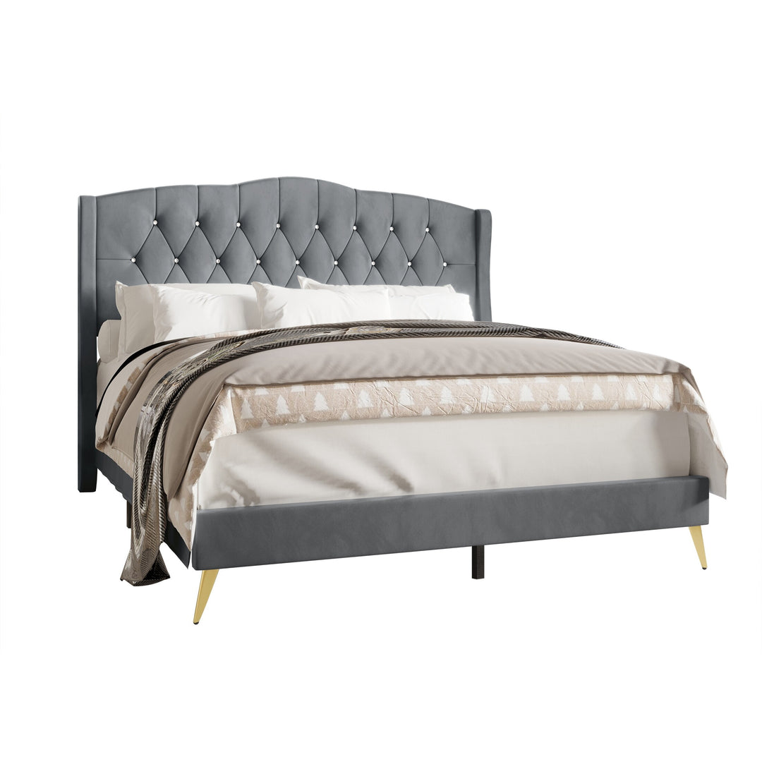 Velvet Diamond Button Tufted Upholstered Platform Bed