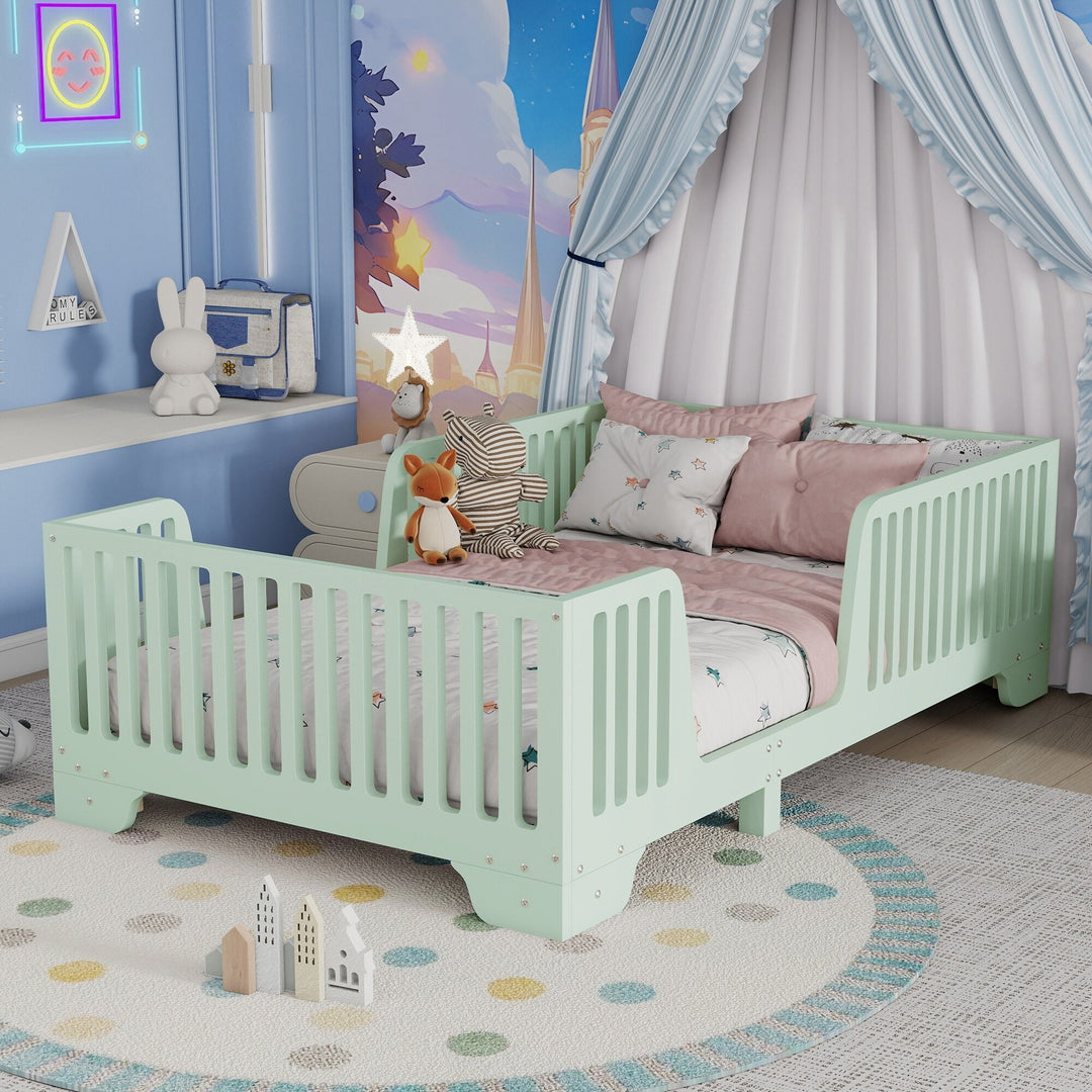 Full Size Montessori Floor Bed Frame with Safety Rails and Removable Door, Low Profile Kids Bed with Slatted Support