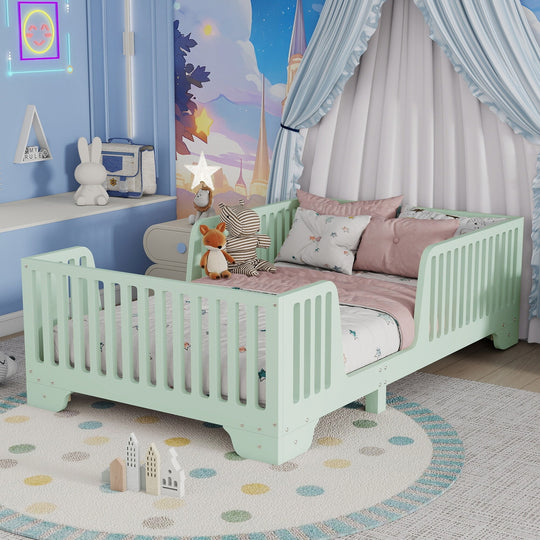 Full Size Montessori Floor Bed Frame with Safety Rails and Removable Door, Low Profile Kids Bed with Slatted Support