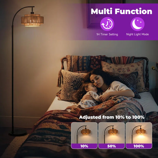 Aarzo 69.6" Arched Rattan Floor Lamp with LED Light and Remote Control