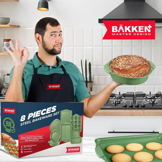 BAKKEN Kitchen Baking Pan Set - Nonstick Green Marble Coating, Carbon Steel Bakeware Sets with Green Silicone Handles,
