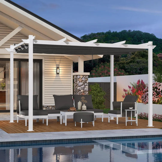 Gazebo Outdoor Retractable White Heavy-Duty Aluminum Pergola with Extra Top Roof