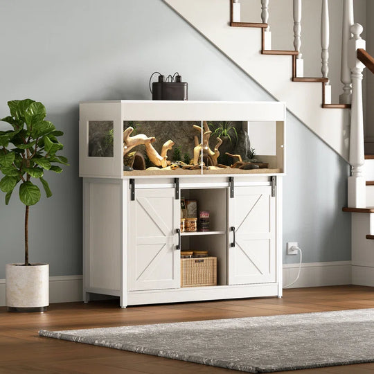 Reptile Terrarium with Stand, Reptile Tank with Barn Door and Storage, Vivarium with Acrylic Doors, Ventilated Mesh Top & Power Outlet, for Geckos, Lizards, Snakes Px06Rtb