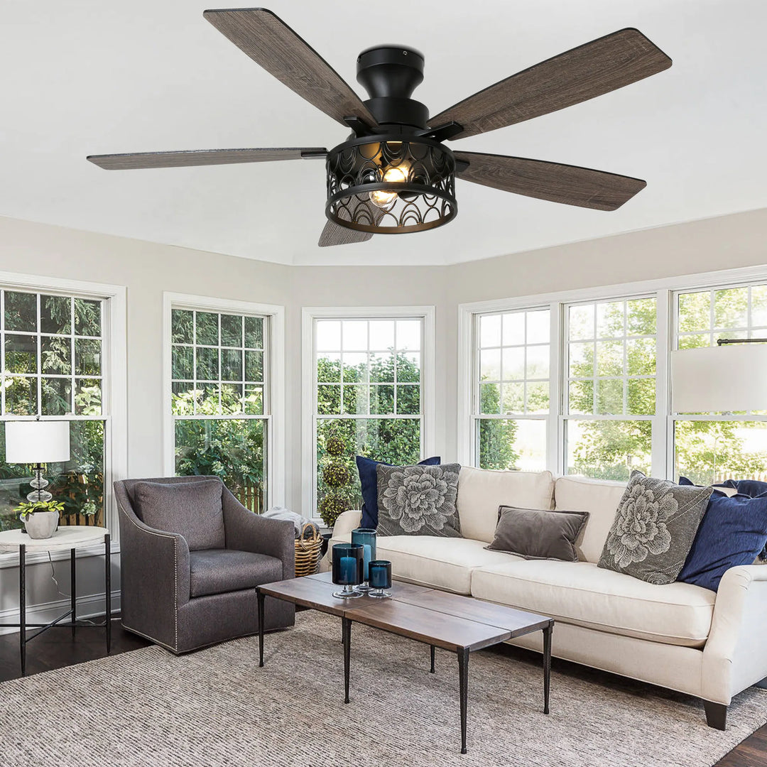 52-In Farmhouse Flush Mount Ceiling Fan with Lights and Remote Control, Black Caged Low Profile Chandelier Ceiling Fan