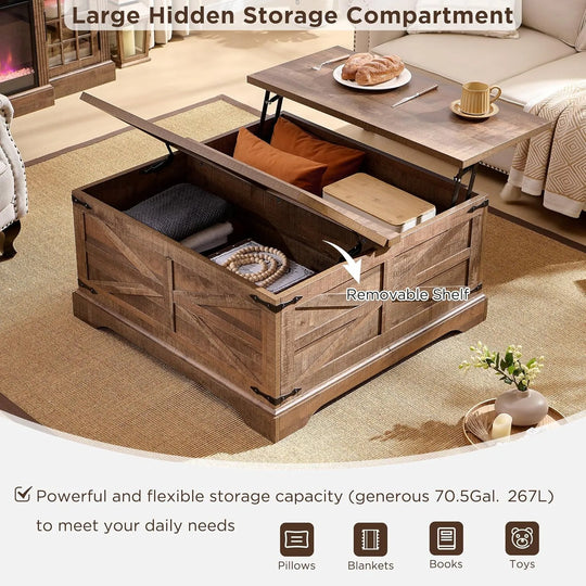 Farmhouse Lift Top Coffee Table with Storage, Wood Square Center Table