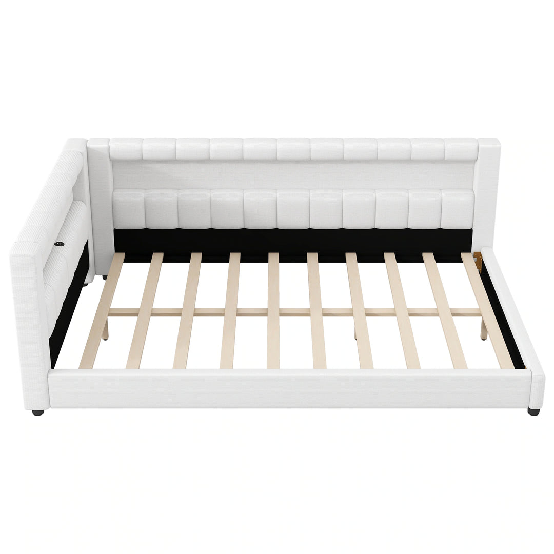 Upholstered Low-Profile Daybed Platform Bed Built-In USB Ports and LED Light Belt, Grounded Design with Padded Backrest