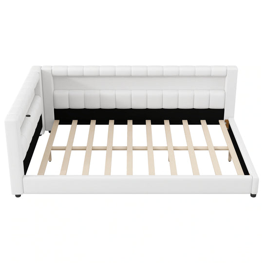 Upholstered Low-Profile Daybed Platform Bed Built-In USB Ports and LED Light Belt, Grounded Design with Padded Backrest