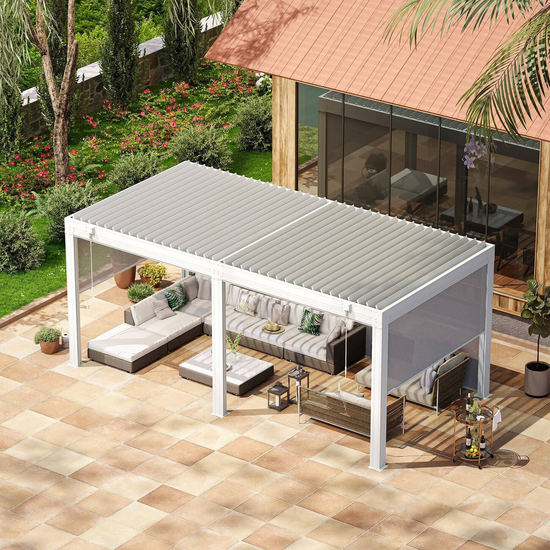 Outdoor Louvered Pergola Gazebo with Adjustable Aluminum Rainproof Roof and Pull-Down Screen