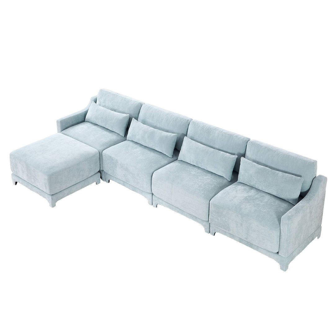Modern Chenille 4-Seater Sofa with 2 Ottoman, Lumbar Cushions, Ergonomic Backrest, High-Resilience Spongeand Tufted Armrests