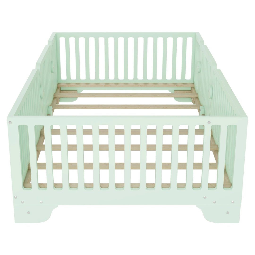 Full Size Montessori Floor Bed Frame with Safety Rails and Removable Door, Low Profile Kids Bed with Slatted Support