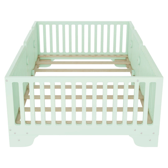 Full Size Montessori Floor Bed Frame with Safety Rails and Removable Door, Low Profile Kids Bed with Slatted Support