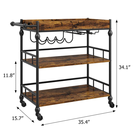 Serving Bar Cart for Home with Wine Rack & Glass Holders, Drink Trolley on Wheels