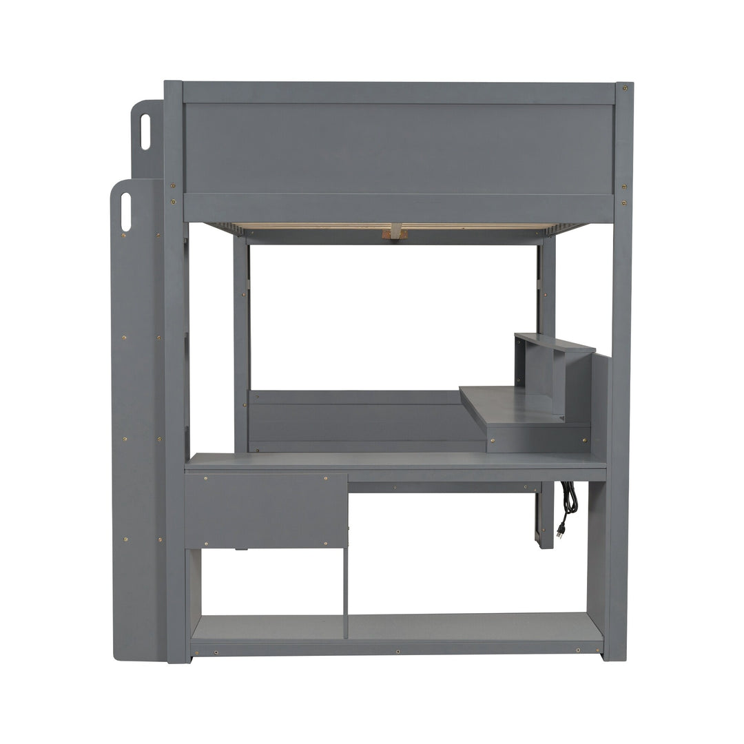 Full Size Gaming Loft Bed with Desk, Multi-Storage Shelves, LED and Charging Station, Dark Design