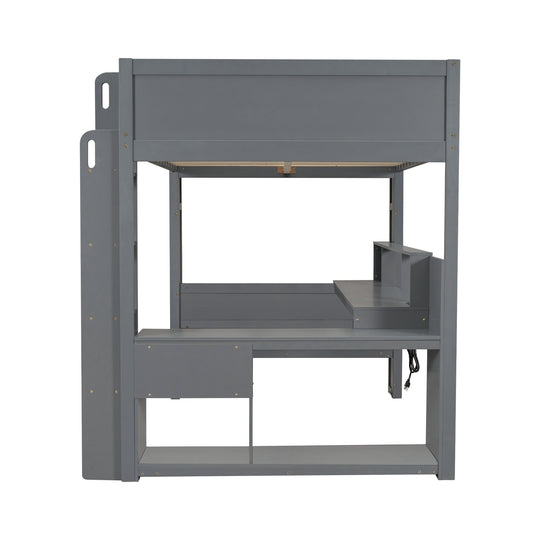 Full Size Gaming Loft Bed with Desk, Multi-Storage Shelves, LED and Charging Station, Dark Design