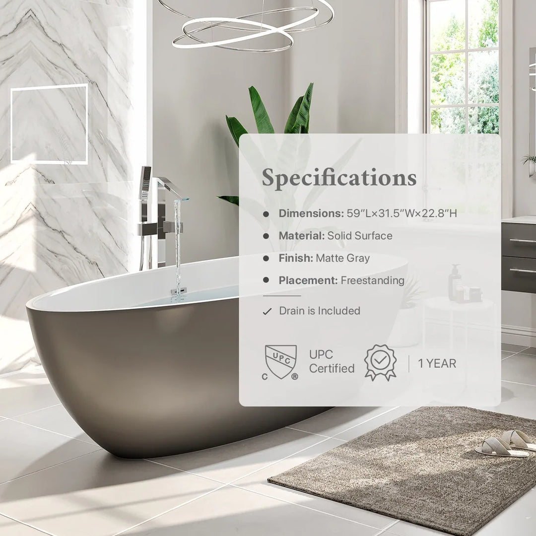Viva 60" Matte GR/WH Oval Solid Surface Freestanding Bathtub