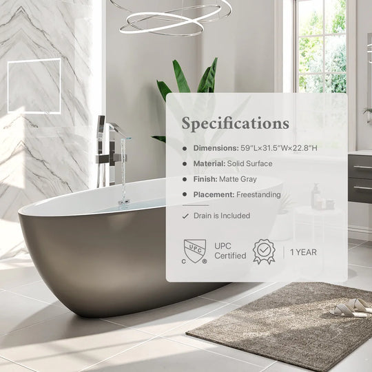 Viva 60" Matte GR/WH Oval Solid Surface Freestanding Bathtub
