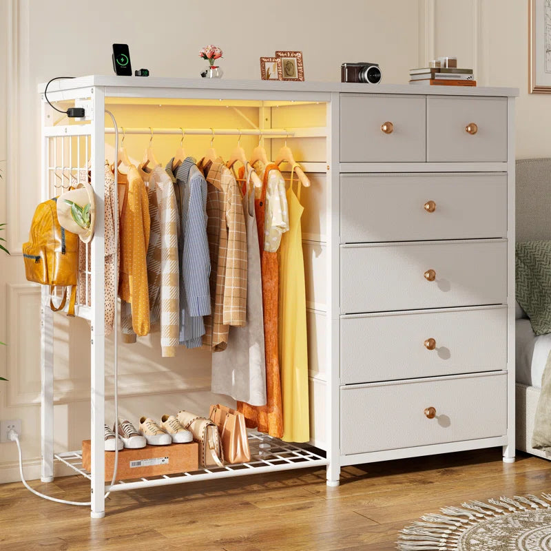 Dresser for Bedroom with Clothes Rack, 6 Drawer Dresser with Shoe Rack, Charging Station & Led Lights