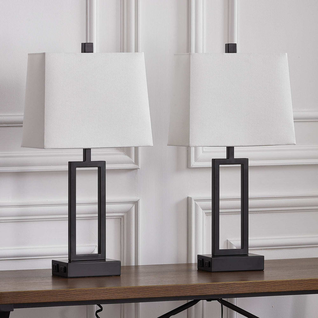 Set of 2 Black Touch Control Table Lamps with White Rectangular Shades, USB Ports & AC Outlet