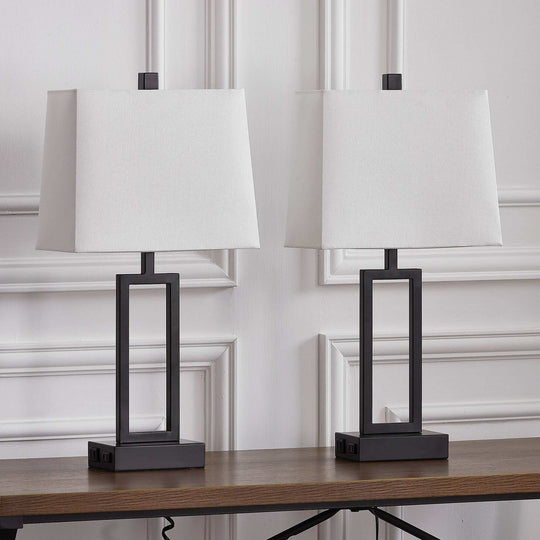 Set of 2 Black Touch Control Table Lamps with White Rectangular Shades, USB Ports & AC Outlet