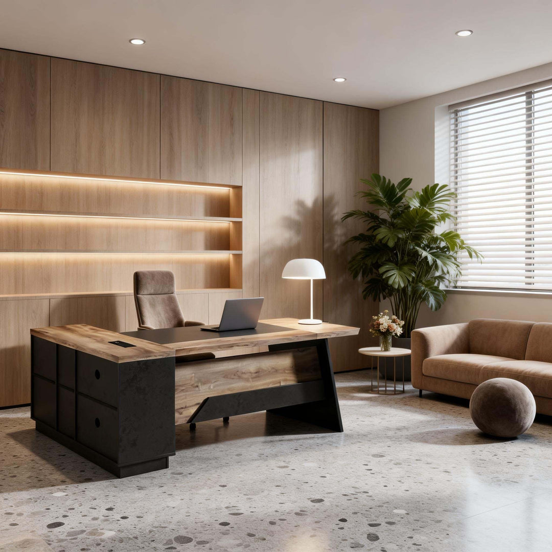78.74 Inches L-Shape Executive Desk, Industrial Wood Desk with Cabinet Drawer Storage Shelves