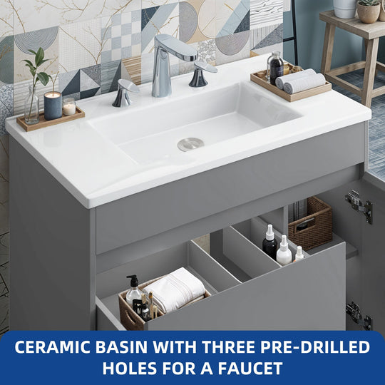 37" Freestanding Single Bathroom Vanity with 1 Soft Closing Cabinet & 2 Drawers
