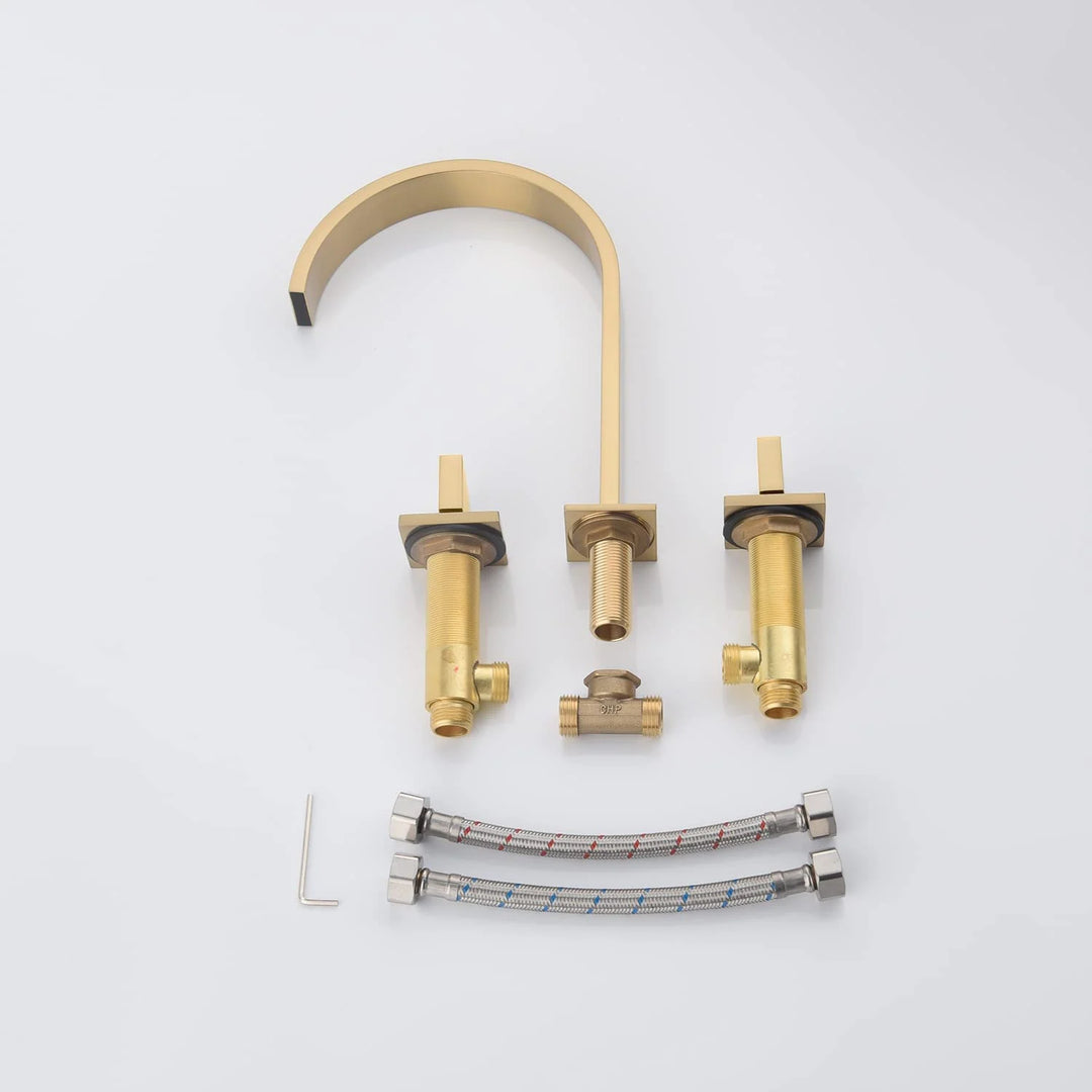 Brushed Gold Two Handles 3 Holes Waterfall Bathroom Sink Faucet with Brass Pop up Overflow Drain