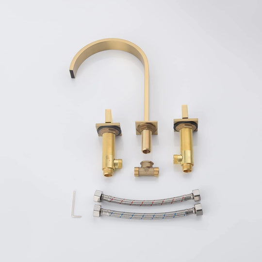Brushed Gold Two Handles 3 Holes Waterfall Bathroom Sink Faucet with Brass Pop up Overflow Drain