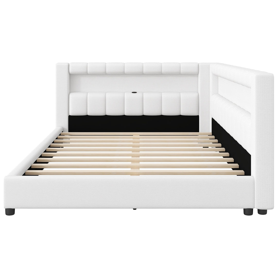 Upholstered Low-Profile Daybed Platform Bed Built-In USB Ports and LED Light Belt, Grounded Design with Padded Backrest