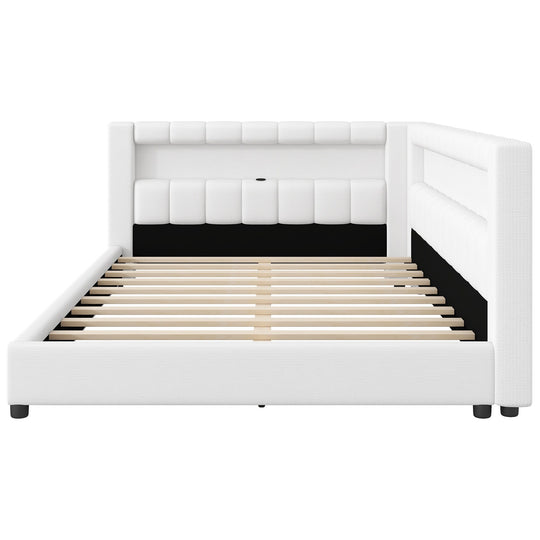 Upholstered Low-Profile Daybed Platform Bed Built-In USB Ports and LED Light Belt, Grounded Design with Padded Backrest