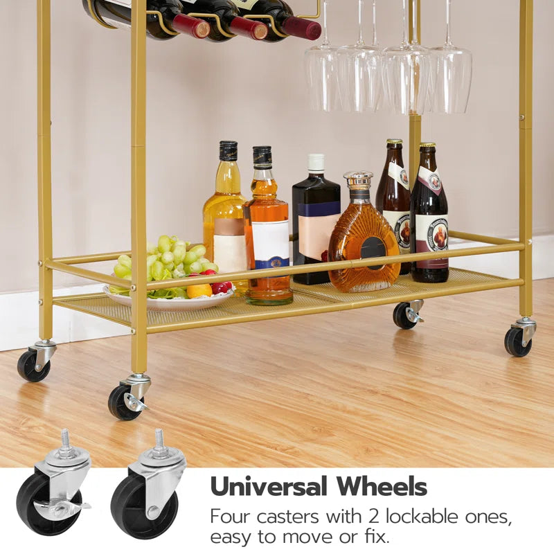 2-Tier Bar Cart Serving Cart Kitchen Cart with Wine Rack and Glass Holder