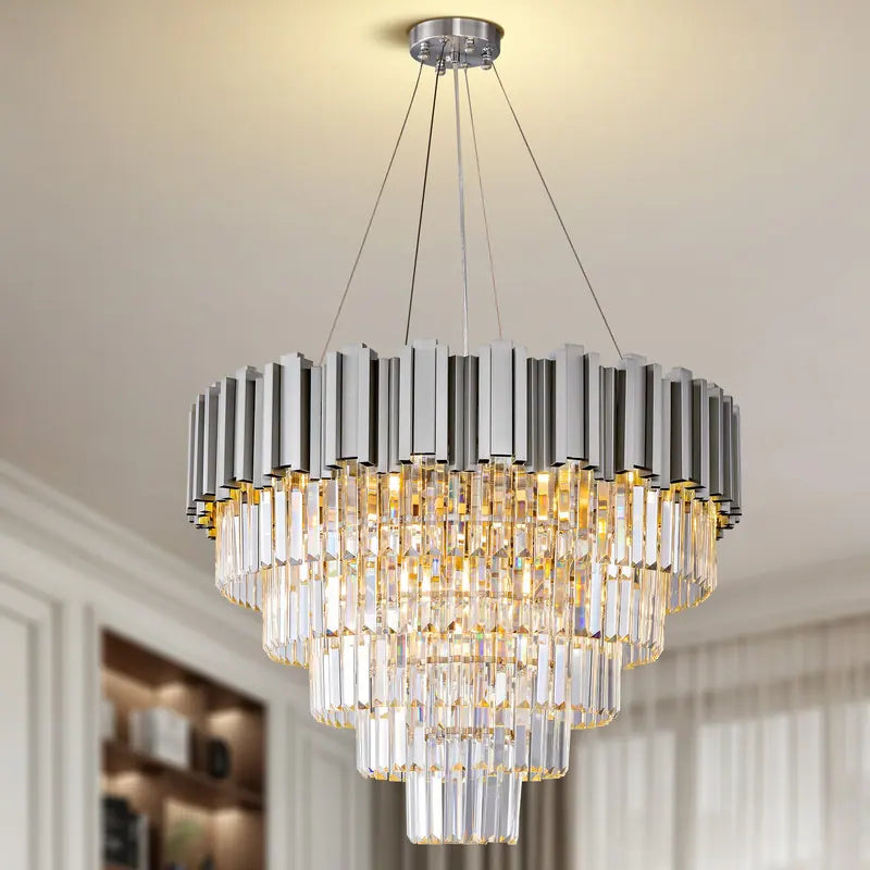 Large Crystal Chandelier - 35.4"Modern 6-Tier 17-Light Chrome Ceiling Light, Luxury K9 Crystal